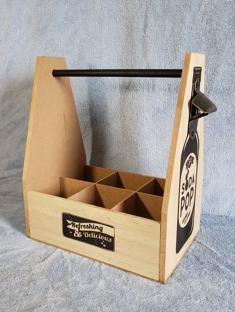 Retro Wooden Soda Pop Beer Bottle Caddy Carrier With Bottle Opener 6 Pack